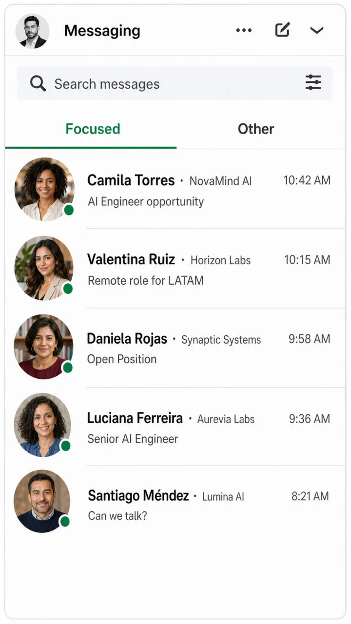 Ejemplo ilustrativo de una bandeja con cinco mensajes de recruiters